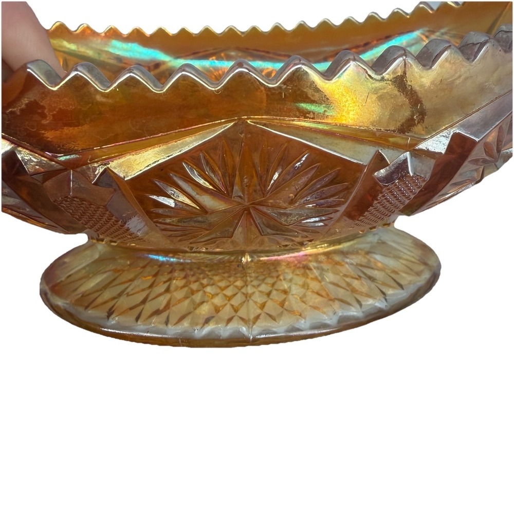Vtg Star & File Imperial MARIGOLD CARNIVAL GLASS 2 Handled Footed Bowl Dish - Picture 6 of 7